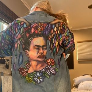 Hand Painted Frida Kahlo Distressed Jean Jacket